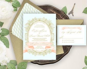 Blush Mint Gold Formal Wedding Invitation Suite - French - Baroque - Peach - Gabrielle Suite