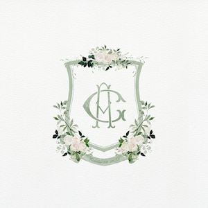 Sage Green Watercolor Wedding Crest Monogram | Monogram Logo  - two letter monogrammed - Green and White Wedding