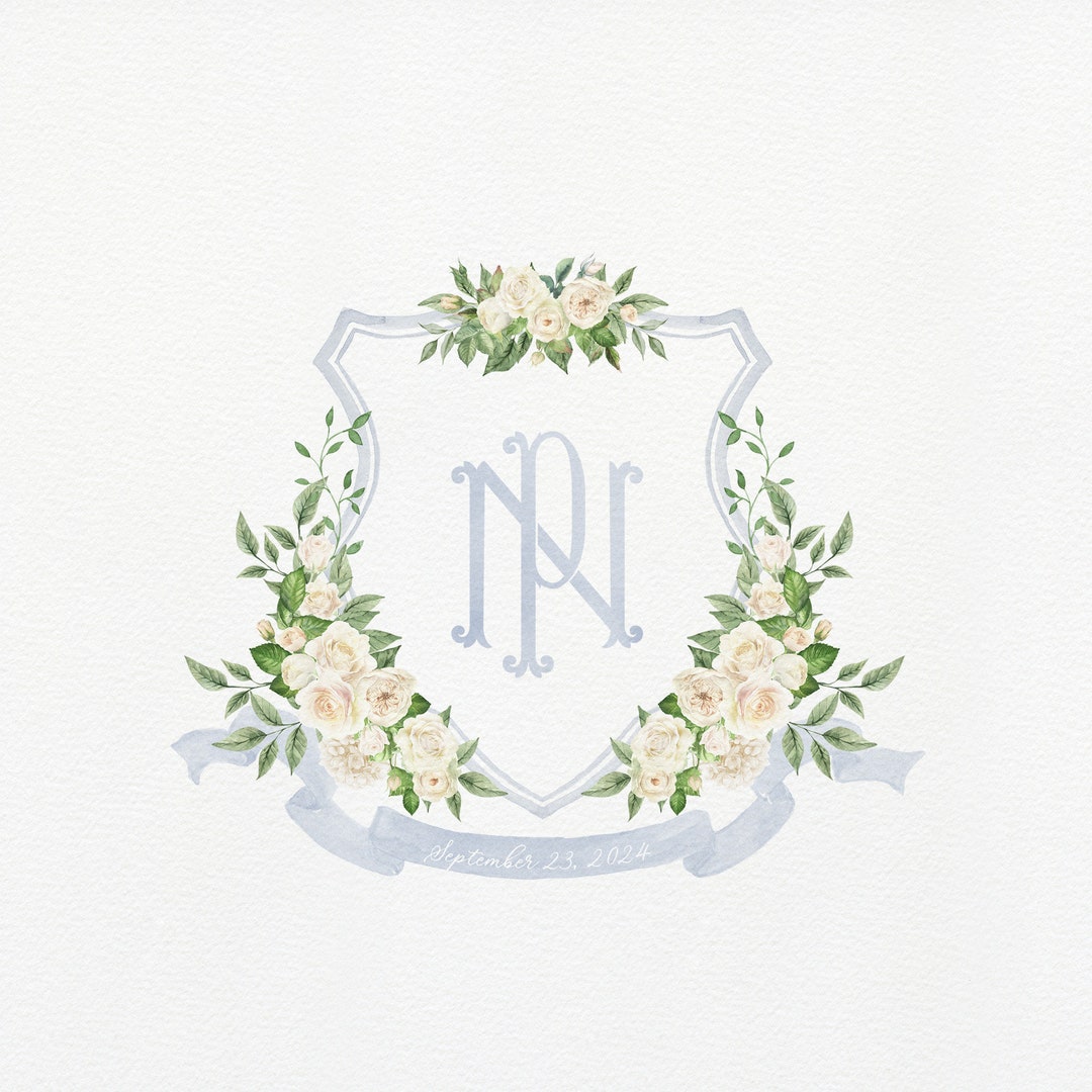 Stemma nuziale con rose acquerellate: monogramma blu avorio