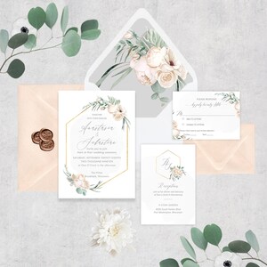 Gold Geometric Wedding Invitation Suite - Modern Greenery - Watercolor Leaves Foliage image 1