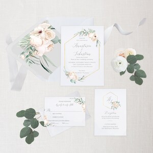 Gold Geometric Wedding Invitation Suite - Modern Greenery - Watercolor Leaves Foliage image 6