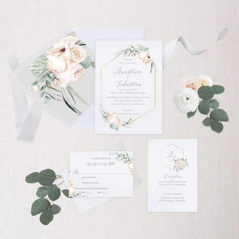 Gold Geometric Wedding Invitation Suite - Modern Greenery - Watercolor Leaves Foliage image 6