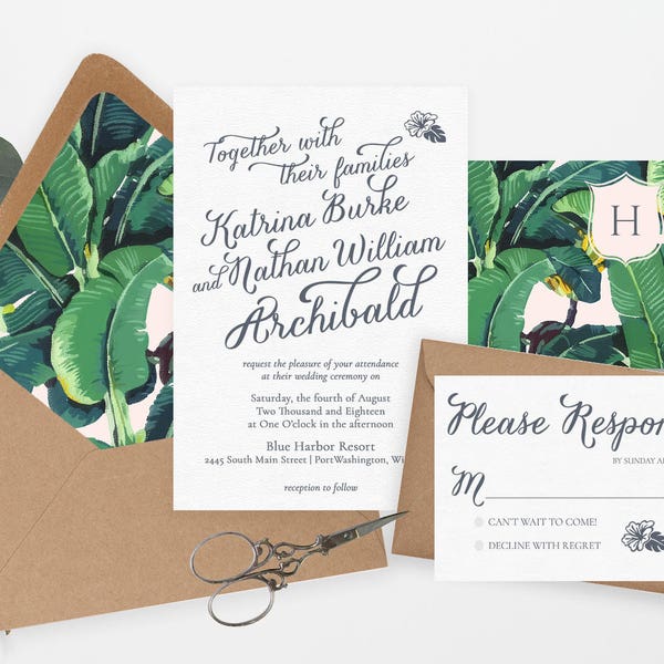 Palm Leaves Tropical Wedding Invitation Suite - Destination - Florida - Hawaii - Blush