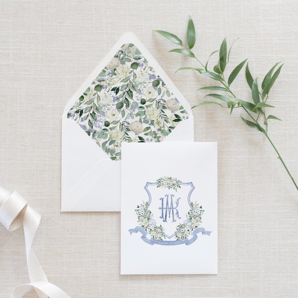 Blue and White Floral Envelope liner to match Watercolor Crest