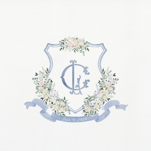 Escudo de boda floral rosa ruborizado: monograma azul (descarga digital)