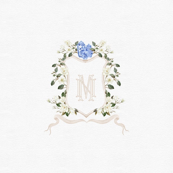 Magnolia Watercolor Crest Monogram Ginger Jar Magnolia Wedding