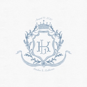 Dusty Blue Watercolor Floral Monogram Wedding Crest