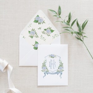 Blue and White Hydrangea Envelope liner to match Blue Hydrangeas Watercolor Crest
