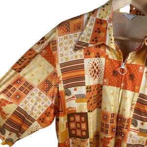 VTG After Six 1970s Geometric Patchwork Shirt  Zip-up Wide Collar Groovy Disco
