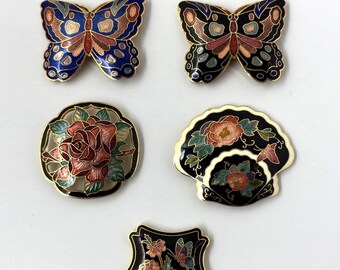 5 hebillas de cinturón cloisonné vintage de los años 80 con mariposas, flores y esmalte color oro.