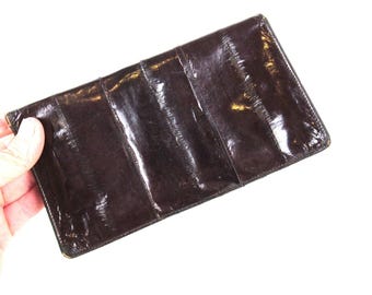 VTG Genuine Eel Skin Wallet BROWN  Checkbook Cover Card Slots Zip Pocket