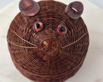 VTG Gewebte Katze Rattan Korbgeflecht gewickelte Keramikschüssel Deckel Schmuckschale MCM Boho