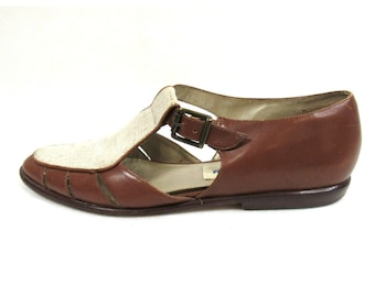 Zapatos planos de lona y cuero marrón con tira en T, estilo vintage de Nordstrom, talla 7.5 N