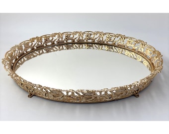 Espejo ovalado vintage con bandeja, color oro y blanco, estilo botánico, para tocador Hollywood Regency, con base con patas.