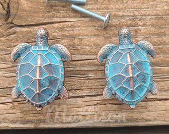 2 Sea Turtle Turquoise Blue Drawer Cabinet Pull Knob Nautical Themed Handle