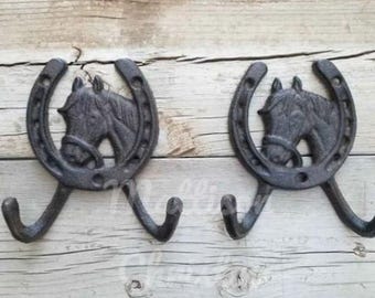 2 Horseshoe Horse Cast Iron Double Hook Towel Coat Key Rack