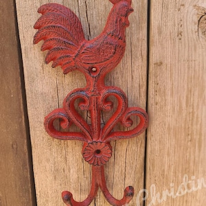 Distressed Red Rooster Cast Iron Double Hook Key Hat Towel Coat Rack