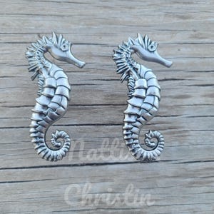 May include: Two silver-toned seahorse figurines with detailed scales and curled tails. The seahorses are facing the right side of the image.