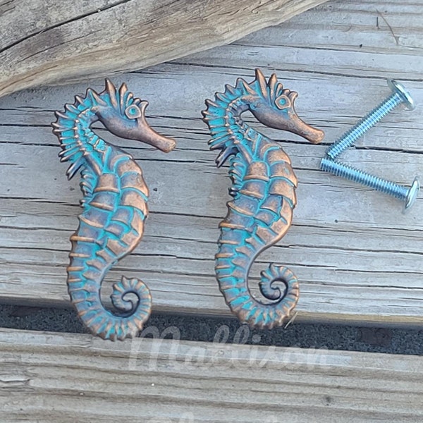 2 Seahorse Nautical Themed Patina Color Drawer Pull Cabinet Knob