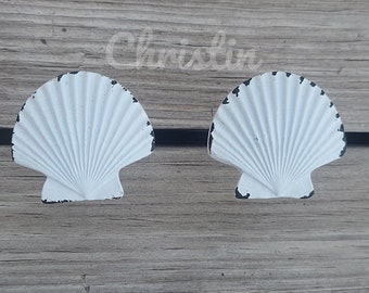 2 White Distressed Nautical Themed Seashell Drawer Pull Cabinet Knob