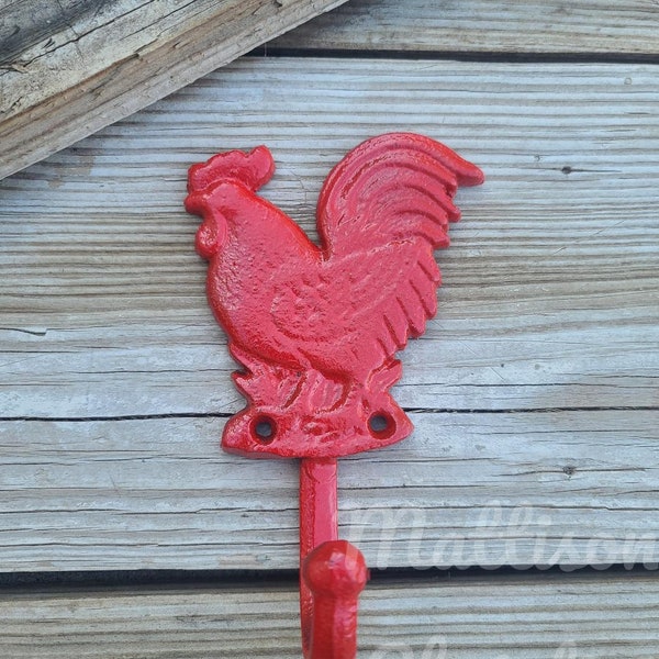 2 Red Cast Iron Rooster Farmhouse Country Hook Towel Hat Coat Key Rack Decor