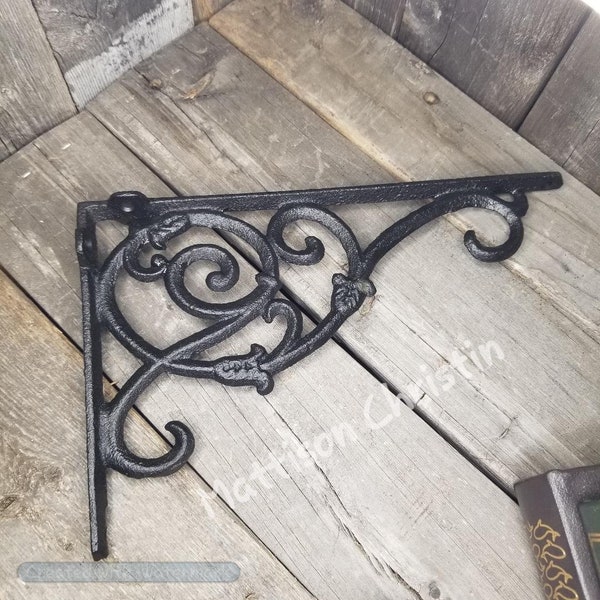 2 Black Cast Iron Scroll Shelf Brace Brackets