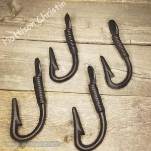 Set 4 BLACK Cast Iron Fishing Hook Key Rack Coat Hook