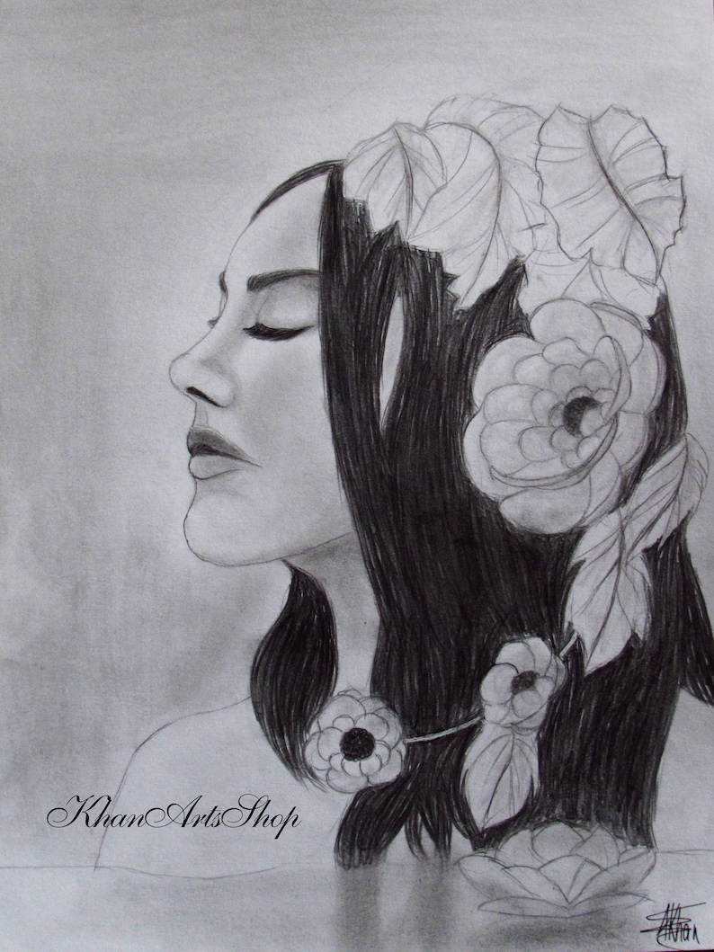 Girl in a lake graphite pencil drawing fine art realistic art blackwhite art artwork graphite art portrait girl portrait flowers water