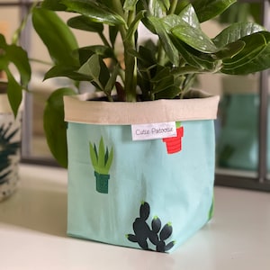 May include: A ZZ plant in a light blue fabric pot with cactus illustrations. The pot has a beige rim and a tag that reads "Cutie Patootie". The plant has many green leaves.
