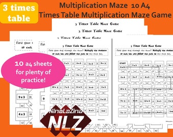 Multiplication Maze for Kids, 3 Times Tables, Fun Maths Printable Maths Games, Learning for School and Home, Unique Ways to Learn Maths Nina