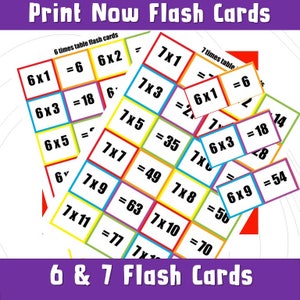 May include: Flash cards for learning multiplication tables. The cards feature equations for the 6 and 7 times tables, with answers. The text "Print Now Flash Cards" and "6 & 7 Flash Cards" are displayed.