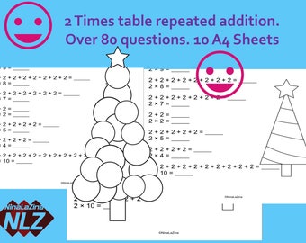 Learn 2  Two Times Tables Easy, Repeated Addition Colouring Christmas Tress, Fun Activity for Kindergarten, Grade  1, 2,  and Year 1, 2, 3