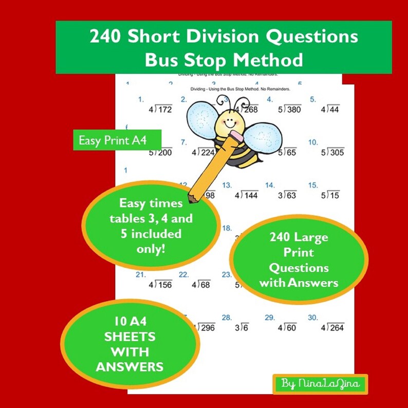 Division Maths Drill Bus Stop Methods Worksheets Children Etsy