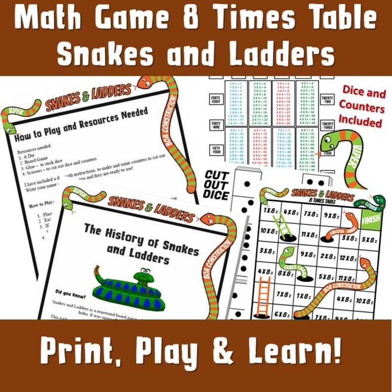 snakes and ladder8 times table board game kids printable etsy