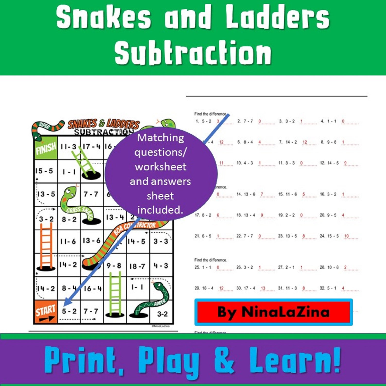 Subtraction Game For Kids Snakes and Ladders Math Game | Etsy