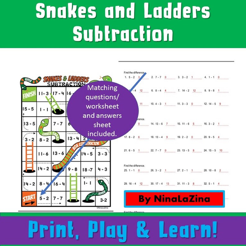 Subtraction Game for Kids Snakes and Ladders Math Game Etsy UK