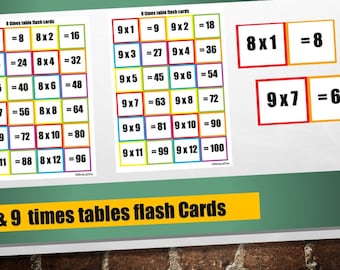 Tarjetas de multiplicación coloridas / Tablas del 8 y del 9 / PDF imprimible