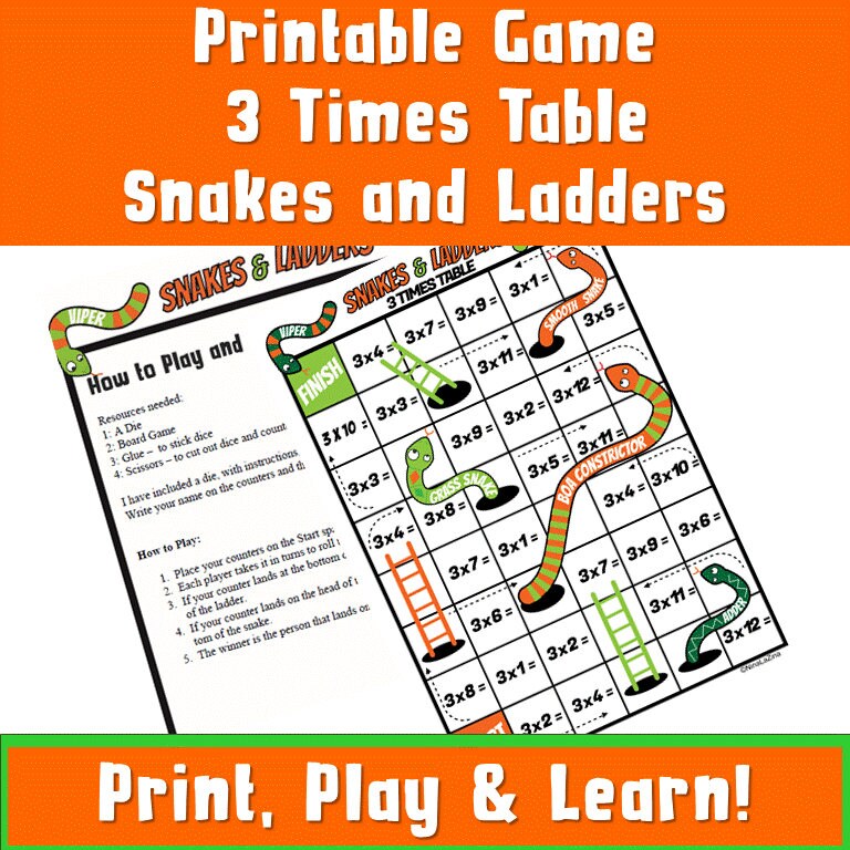 3 Times Table Printable Kids Games Snakes And Ladders Etsy India