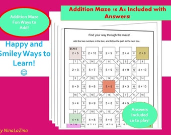 Hojas de trabajo de laberintos de suma / 10 juegos de matemáticas imprimibles / PDF A4 con respuestas