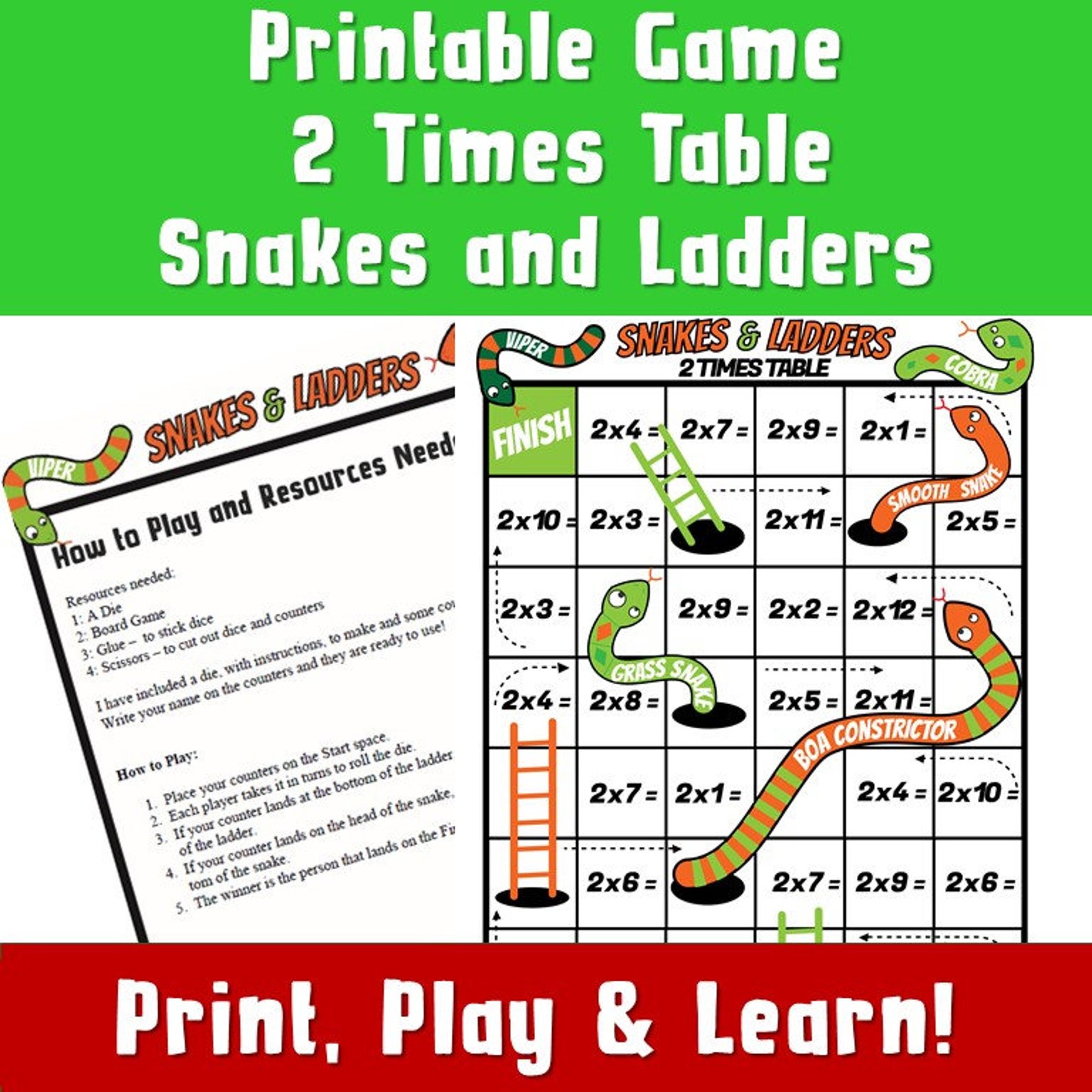 Multiplication Table Game Snakes and Ladders / Games Board/ 2 Etsy