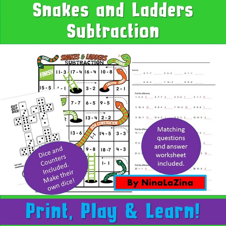 Subtraction Game for Kids Snakes and Ladders Math Game Etsy UK