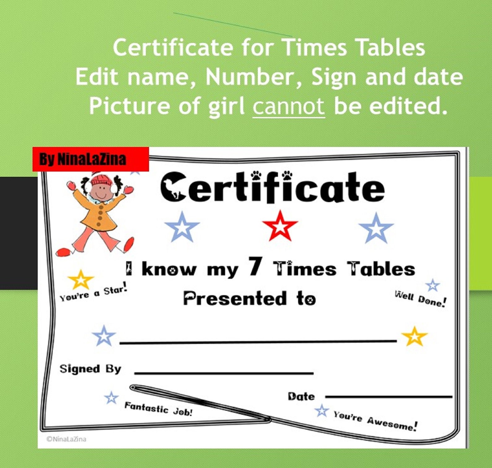 Math Certificate for Times Tables Edit Number Included Etsy