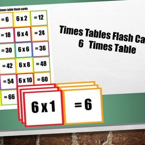 May include: Flash cards for learning the 6 times table. The cards are white with colorful borders and feature multiplication problems and answers. The text "Times Tables Flash Cards 6 Times Table" is also visible.