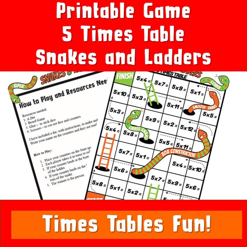 Multiplication Snakes and Ladders/5 Times Tables Activities Etsy