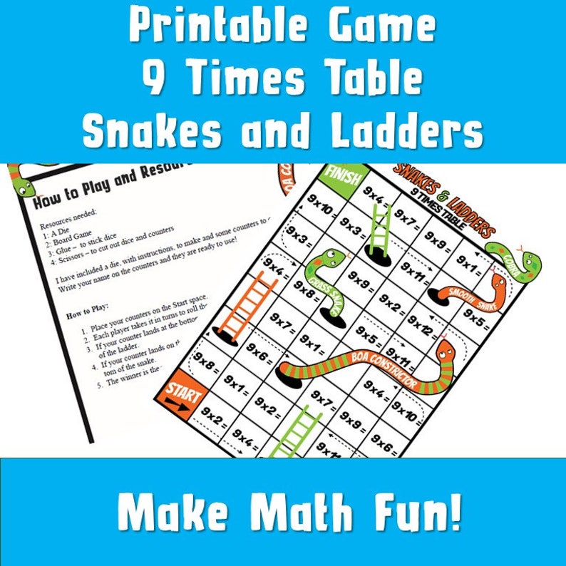 printable 9 times table snakes and ladders maths games etsy