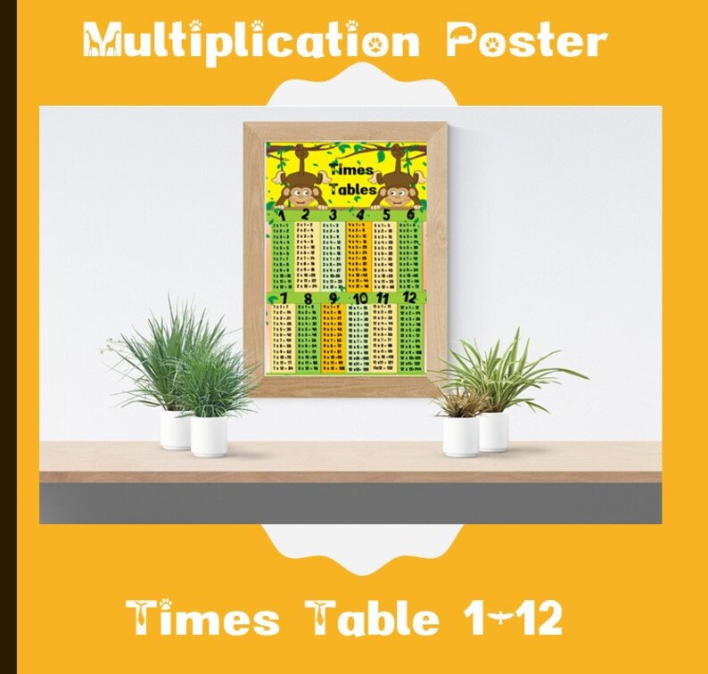 以下が含まれることがあります： 上部に「Multiplication Poster」というテキストが入った、額入りの掛け算ポスター。ポスターには、1〜12の数字と猿のイラストが描かれた九九表が掲載されています。「Times Table 1+12」というテキストが下部にあります。