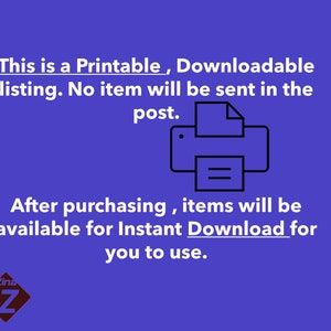 May include: A blue background with white text stating this is a printable, downloadable listing. A printer icon is in the centre. Text below states items are available for instant download after purchase. The NinaLaZina logo is in the bottom left corner.