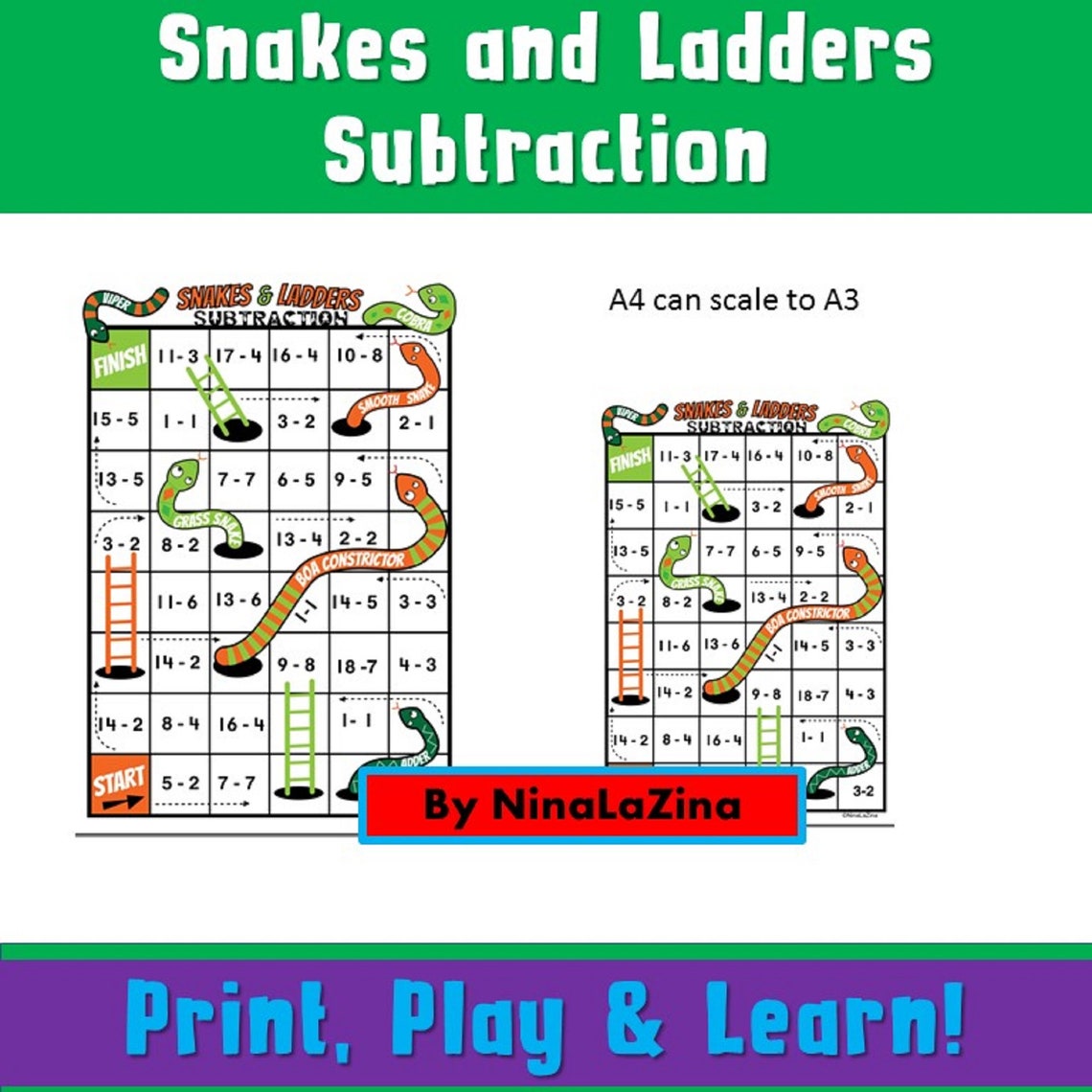 Subtraction Game for Kids Snakes and Ladders Math Game Etsy