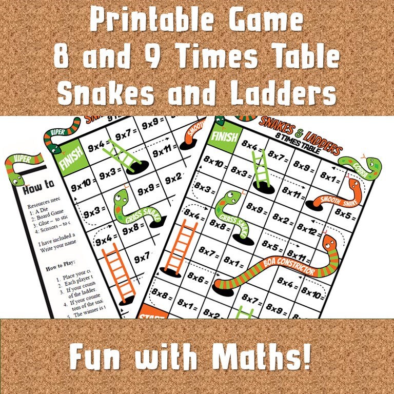 snakes and ladders 8 and 9 multiplication game printable fun etsy