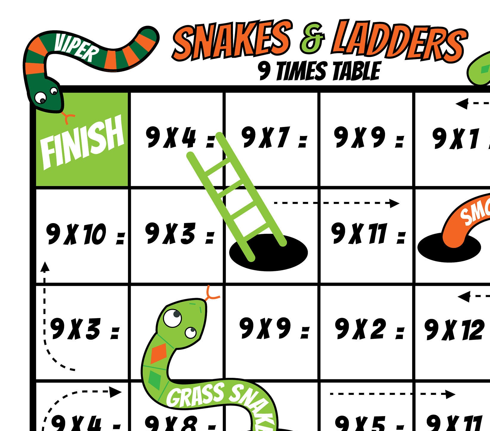 Snakes and Ladders 8 and 9 Multiplication Game Printable Fun Etsy UK